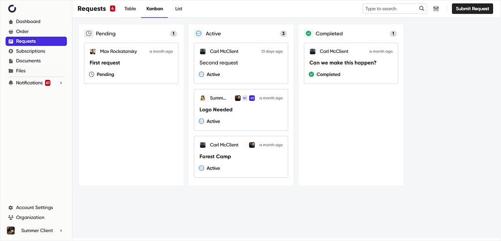 Client's view of requests on a Kanban board in Zendo