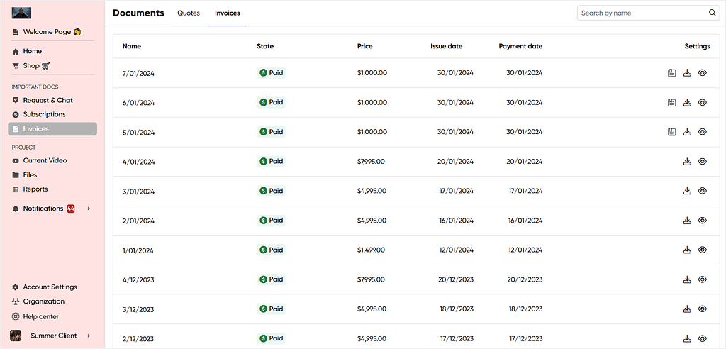 Documents tab in Zendo, showing client's invoices