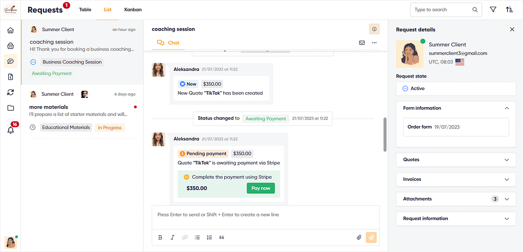 Zendo's real-time chat showing built-in payments for clients
