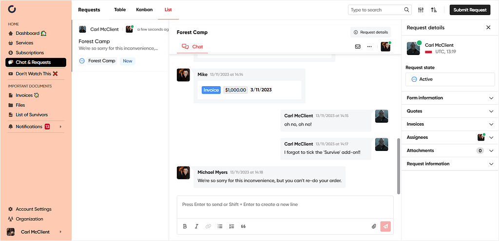 Example of a customized client portal in Zendo