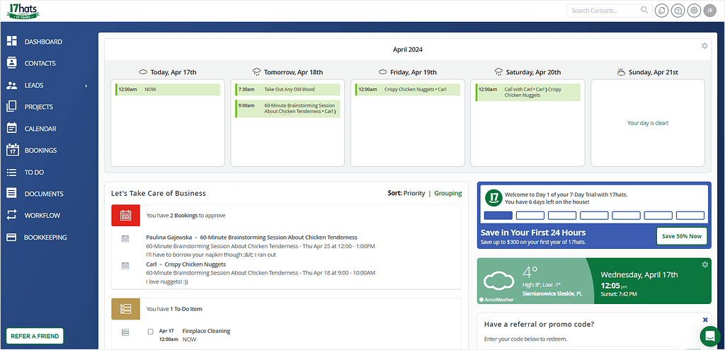 17hats vs Tave: 17hats' dashboard showing a minimalistic view of the most essential information