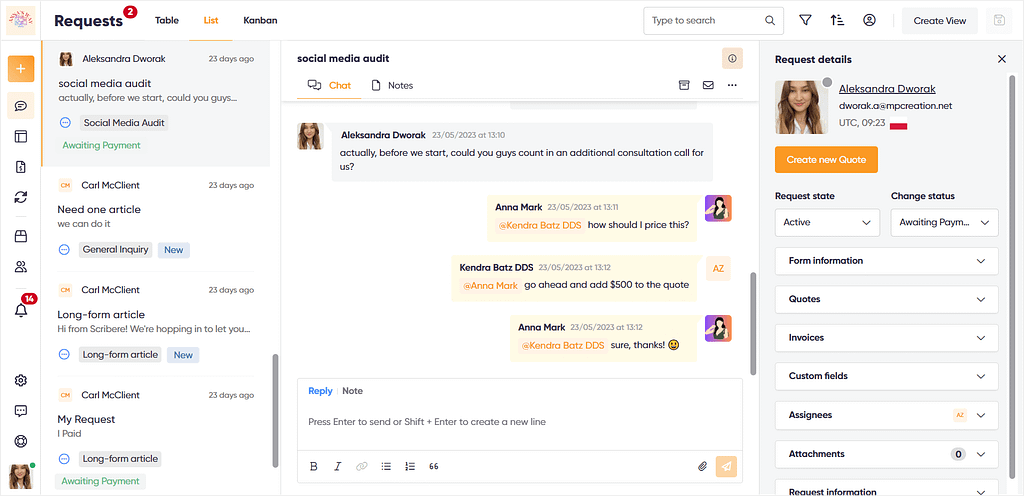 Zendo in List view showing its real-time chat for client & team communication