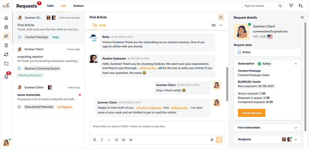 Zendo's real-time chat shown from client's POV