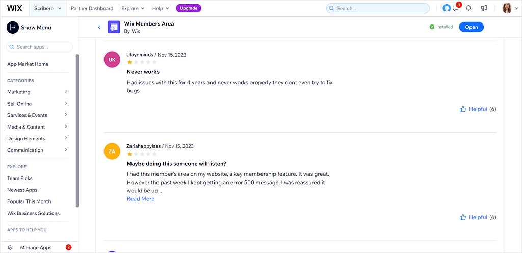 Example reviews of Wix Members Area app