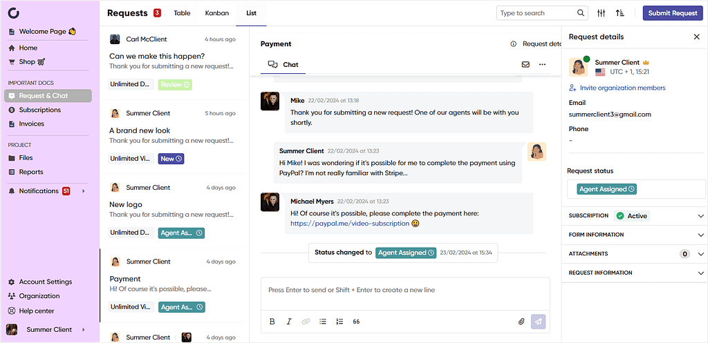 Real-time chat for client and team communication in Zendo