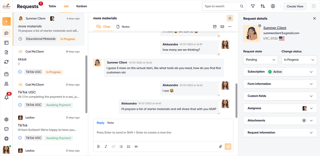 Zendo as a Service Provider Pro alternative — list view of clients' requests