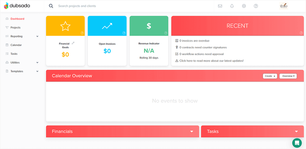 Dubsado CRM for creatives: main dashboard