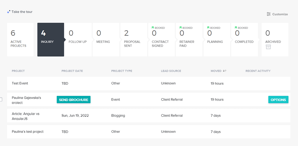 Screenshot of HoneyBook's pipeline.