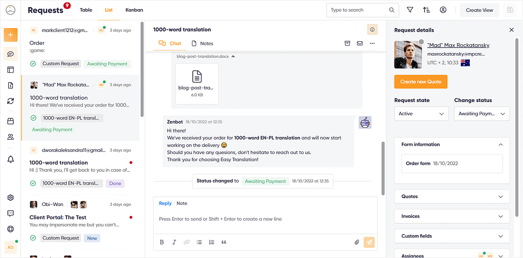 Zendo's real-time chat for selling different types of services, as well as client, and team communication