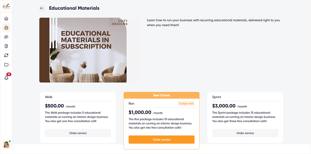 Ordering a subscription service with three packages in Zendo