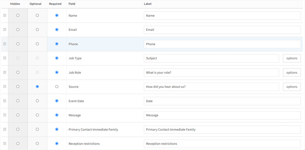 Example contact form fields in Tave
