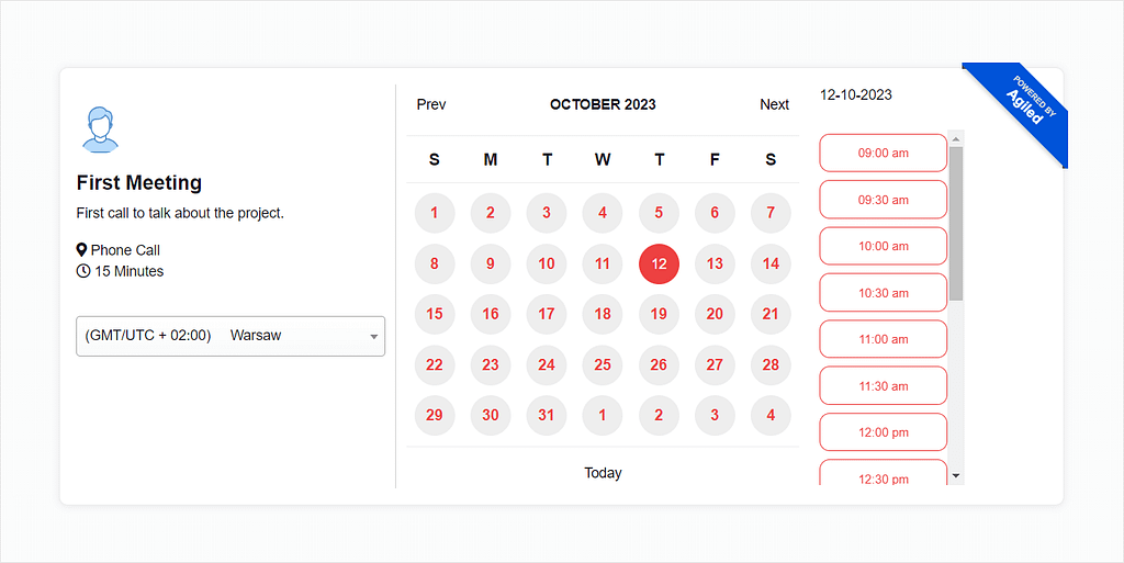 Screenshot of Agiled's booking public page.