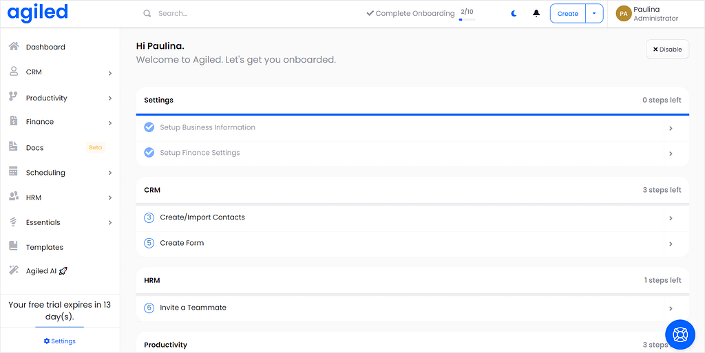 Screenshot of Agiled's onboarding.
