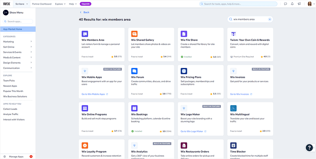 Wix Apps - choosing the Members Area app to create the client portal