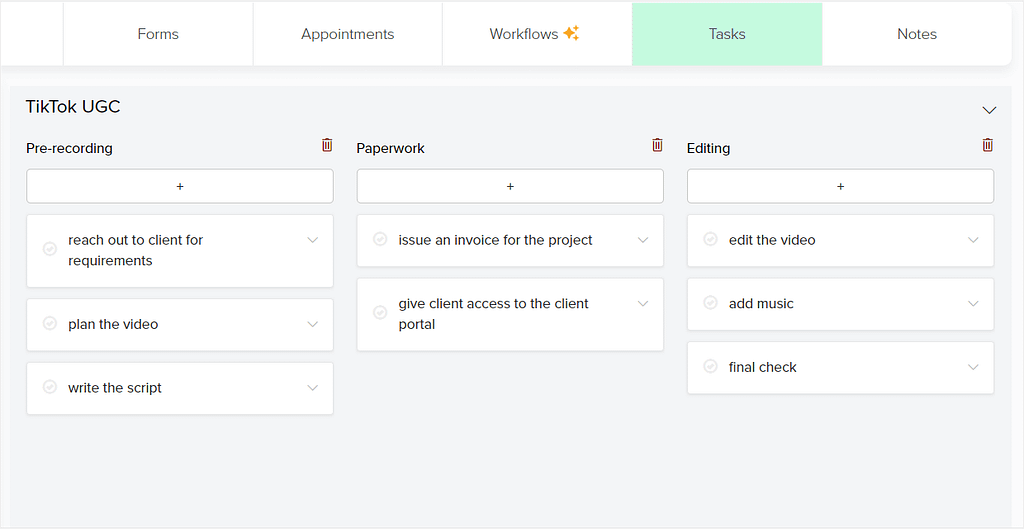 Dubsado's task boards