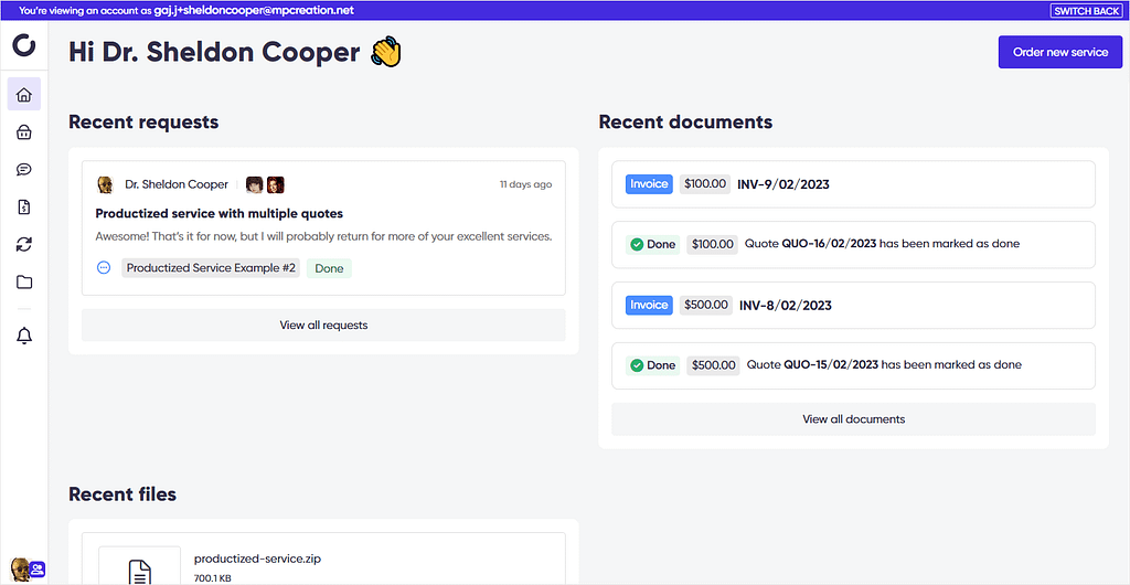 Screenshot of Zendo's impersonation feature.