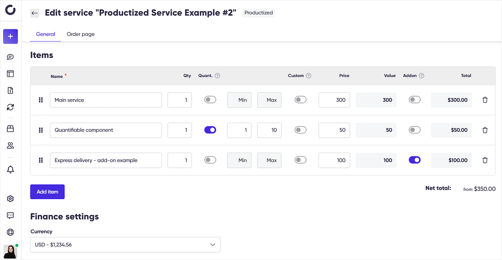Screenshot of Zendo's productized service edit page.