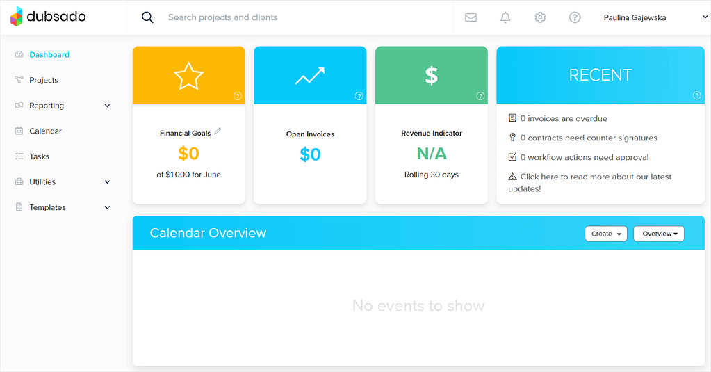 Screenshot of Dubsado's main dashboard and user interface.