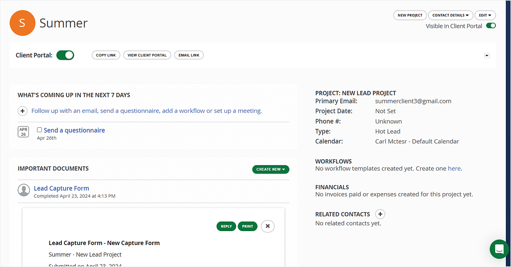 Individual project's view in 17hats