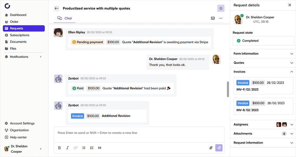 Screenshot of Zendo's request page from client's perspective.