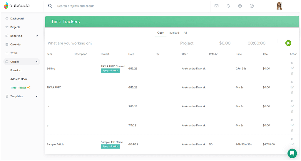 Dubsado's time tracker feature