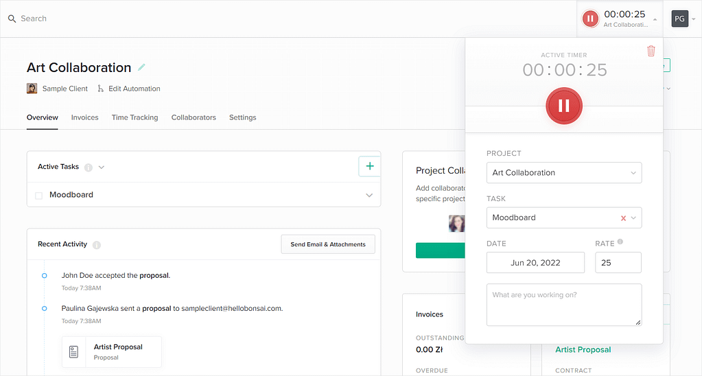 Screenshot of Hello Bonsai's time tracker.