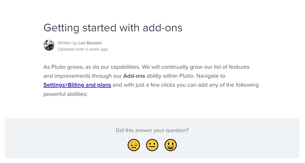 Screenshot from Plutio's help center, showing an incomplete guide on add-ons.