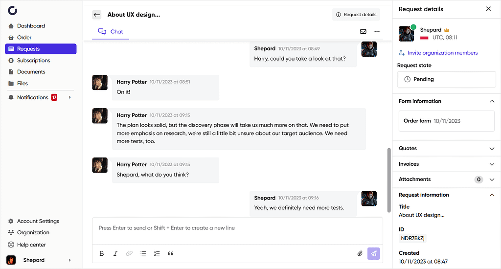 Screenshot of Zendo's conversation in Request.