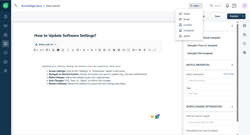 creating knowledge base articles and support resources in Freshdesk