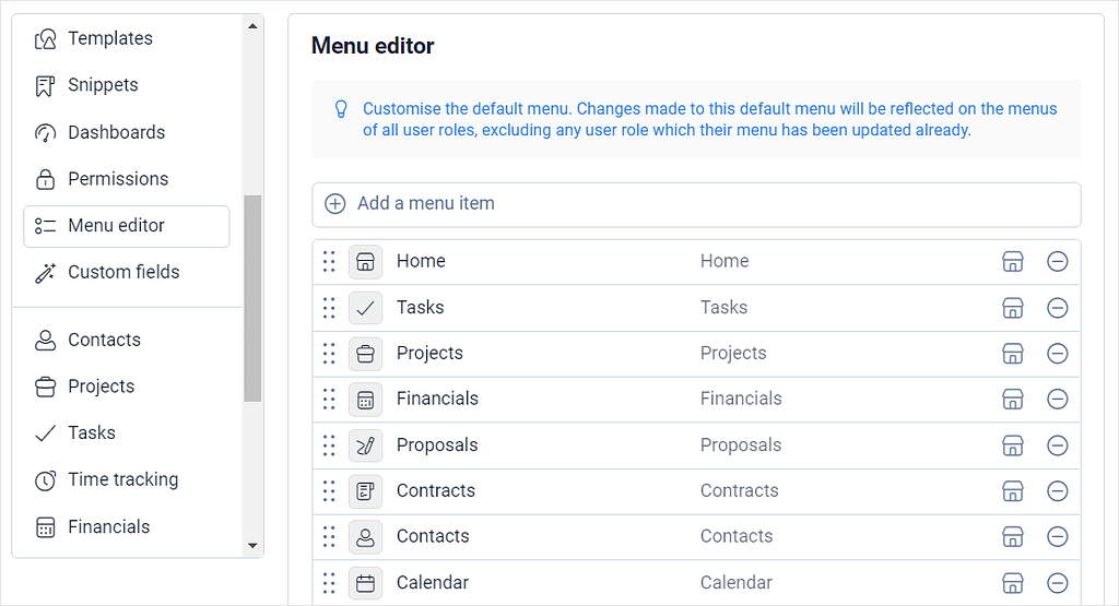 Screenshot of Plutio's menu editor.