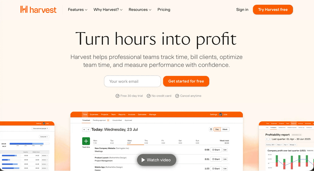 business organization apps: harvest for time tracking
