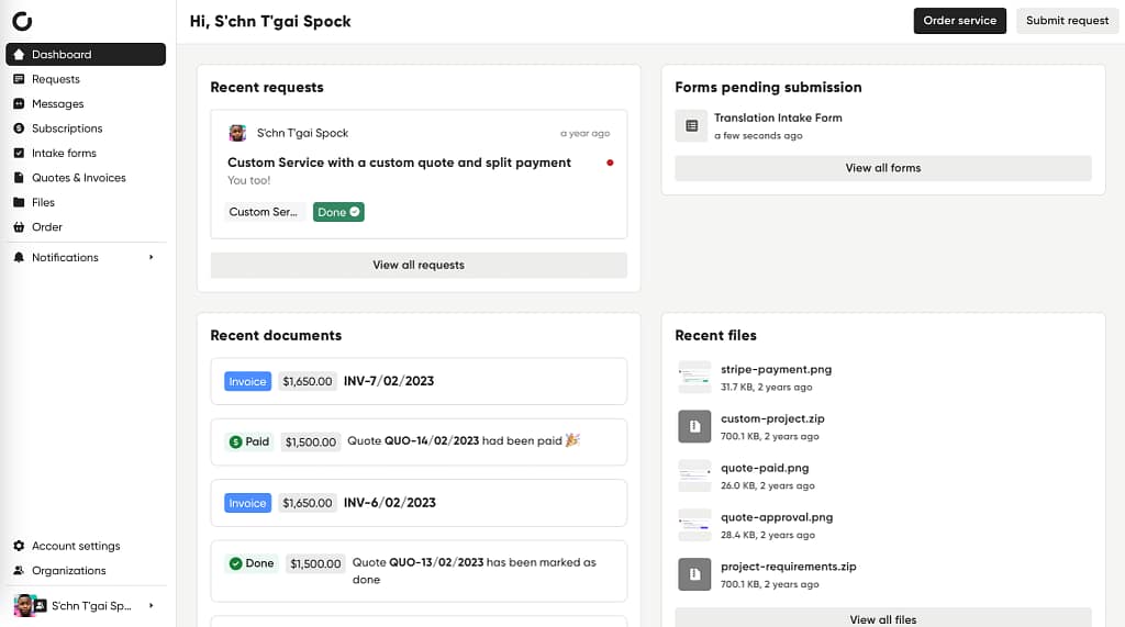 Client's dashboard in Zendo with quick access to recent requests, forms, documents, and files