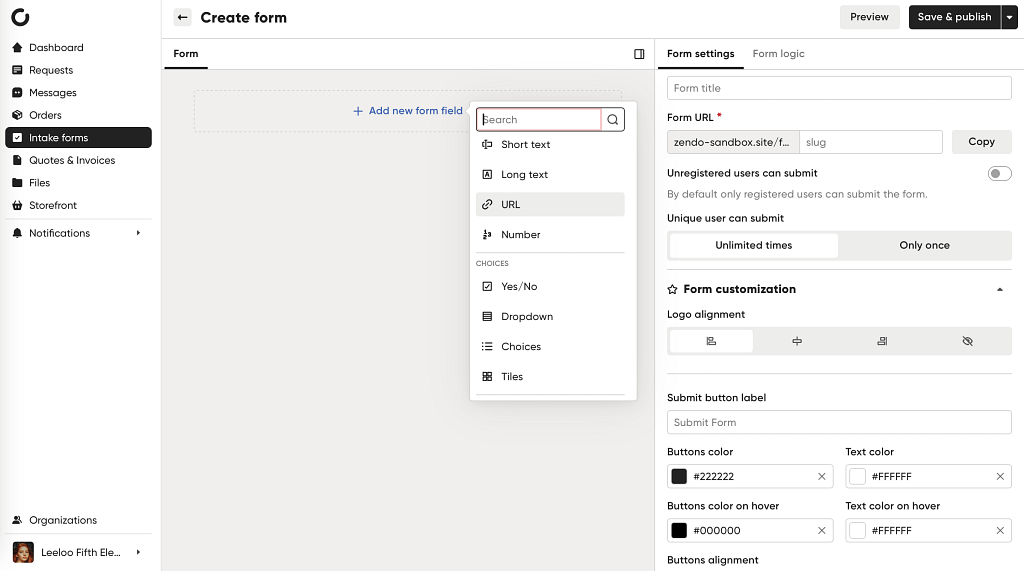Zendo's client portal customizable intake form