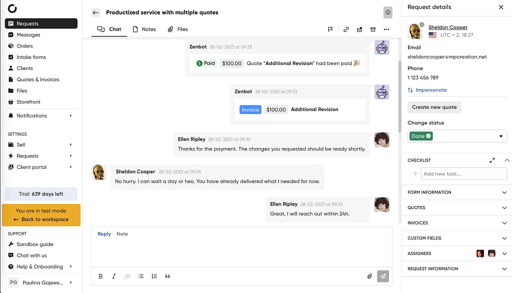 Screenshot of Zendo'c chat within a request