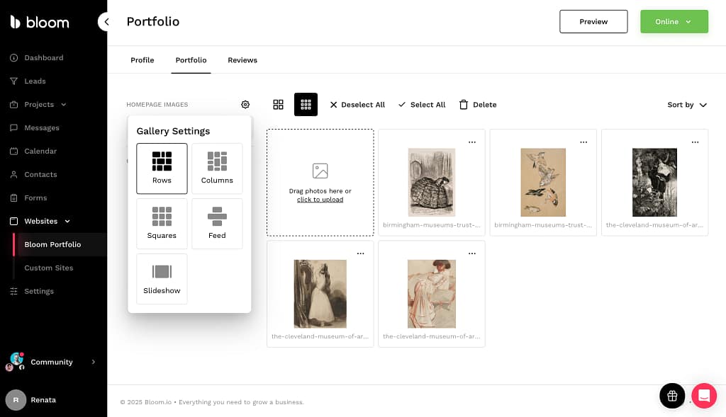 Screenshot of Bloom's portfolio settings