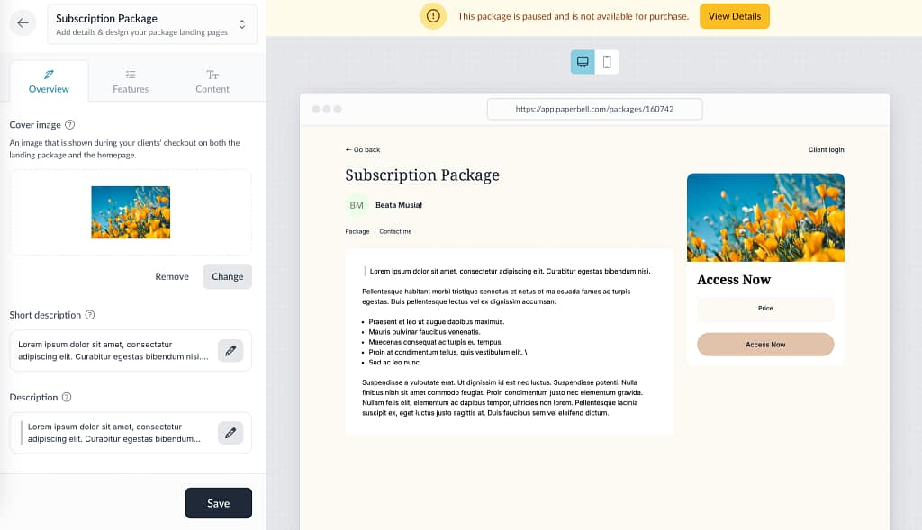 Paperbells' Landing Page Editor, where you can showcase your packages