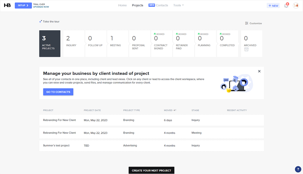 HoneyBook's projects' overview