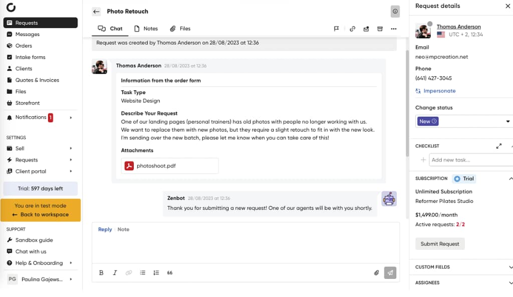 screenshot of Zendo's submitted request in-chat