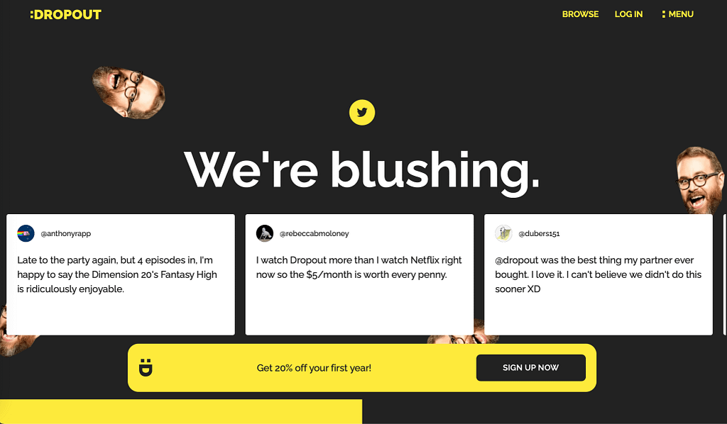 Screenshot of Dropout's website and client reviews