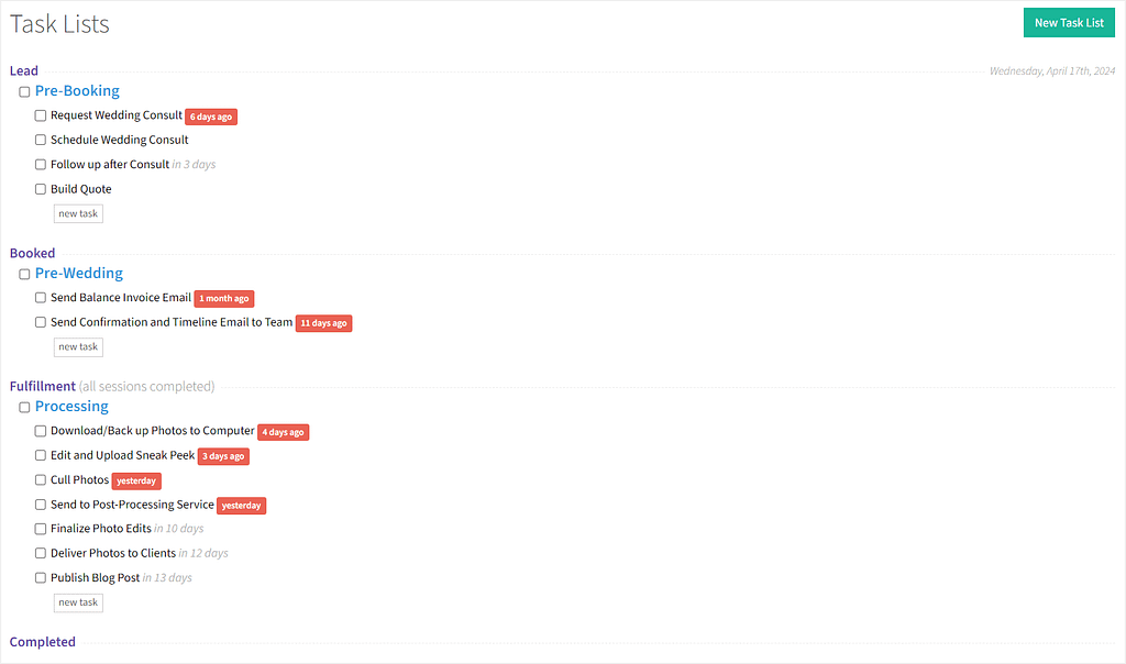 Detailed task lists in Tave spread around premade workflows catered to each industry