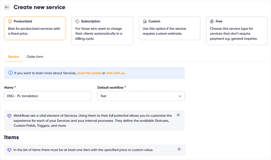 Productized service software: Zendo: service types