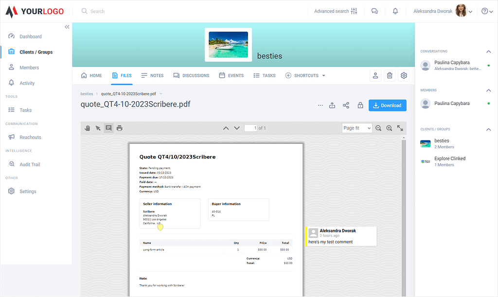 Commenting directly on shared files in Clinked's client portal