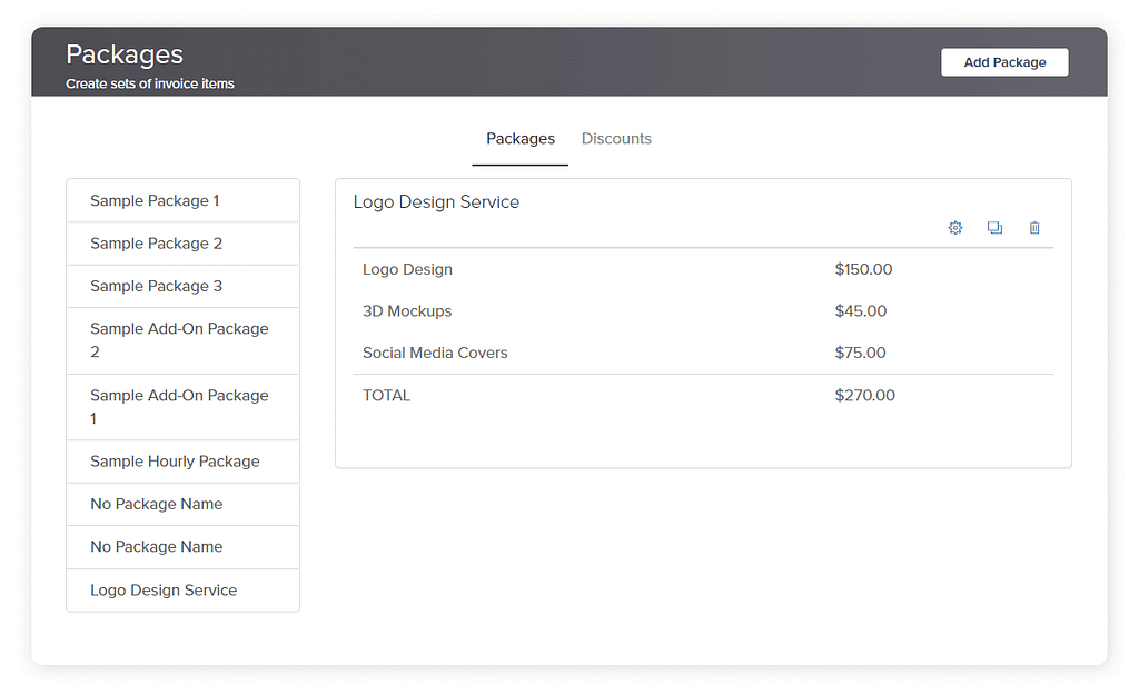 Screenshot of Dubsado's Packages feature.