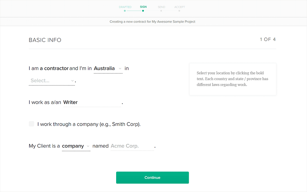 Screenshot of Hello Bonsai's contract wizard.