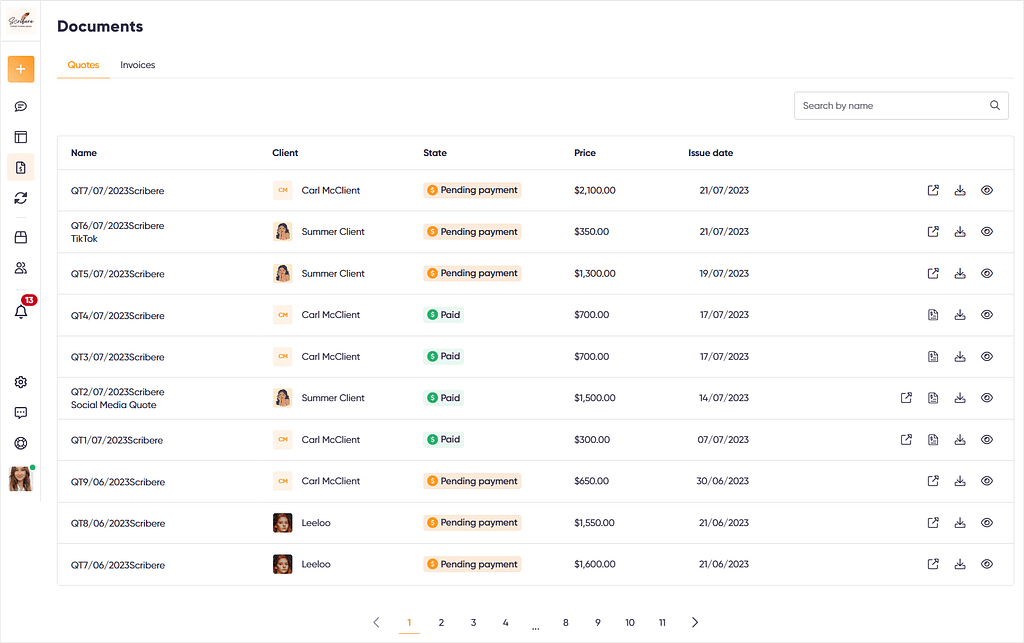 Zendo's document section gives you an easy access to all your quotes and invoices