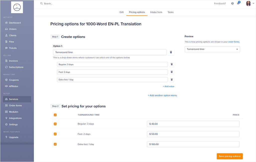 Pricing options in SPP