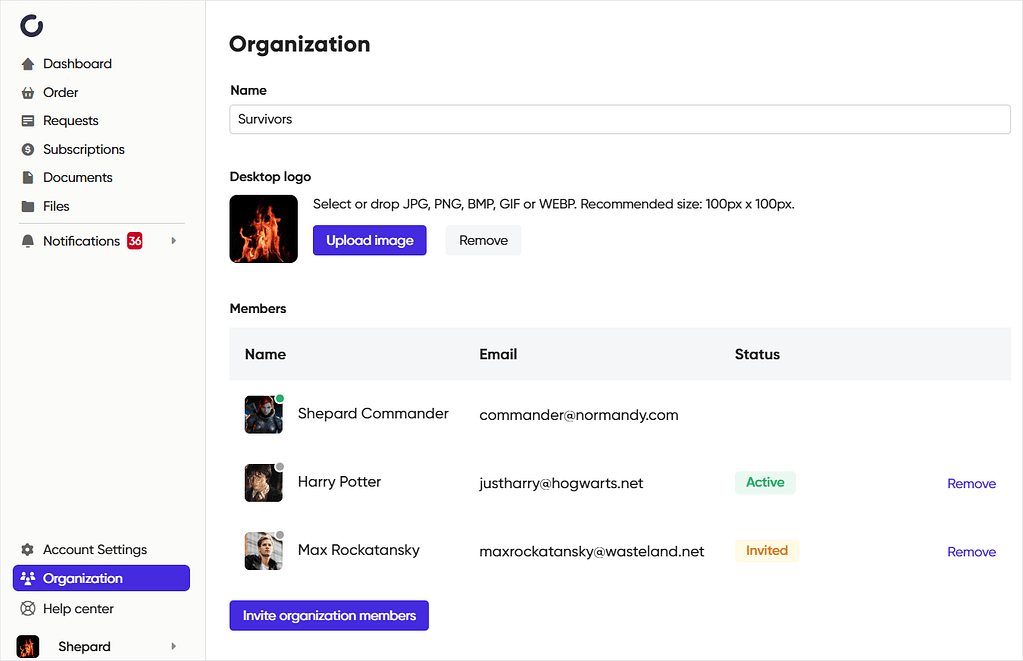 Screenshot of Zendo's organization tab.
