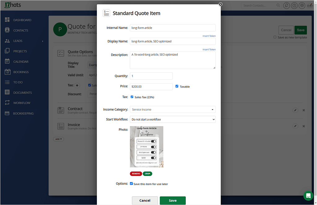 Adding items when creating a quote in 17hats