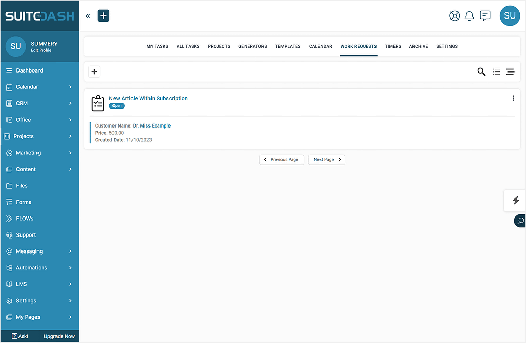 Work requests submitted via SuiteDash's client portal