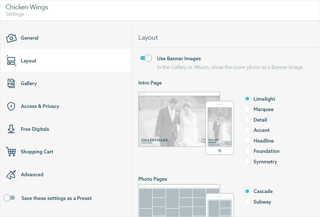 Screenshot of layout options in ShootProof.